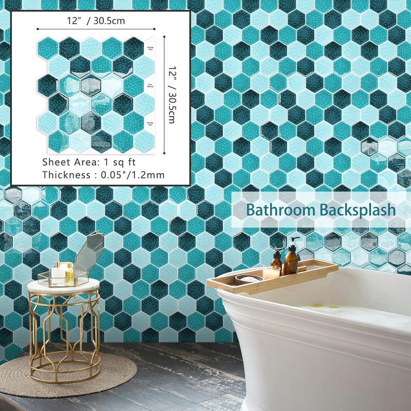 MOONFUN Hexagon Peel and Stick Backsplash Tile,10 Sheets 3D Self Adhesive Wall Tile Sticker（Blue Mosaic）, IN - Image 2